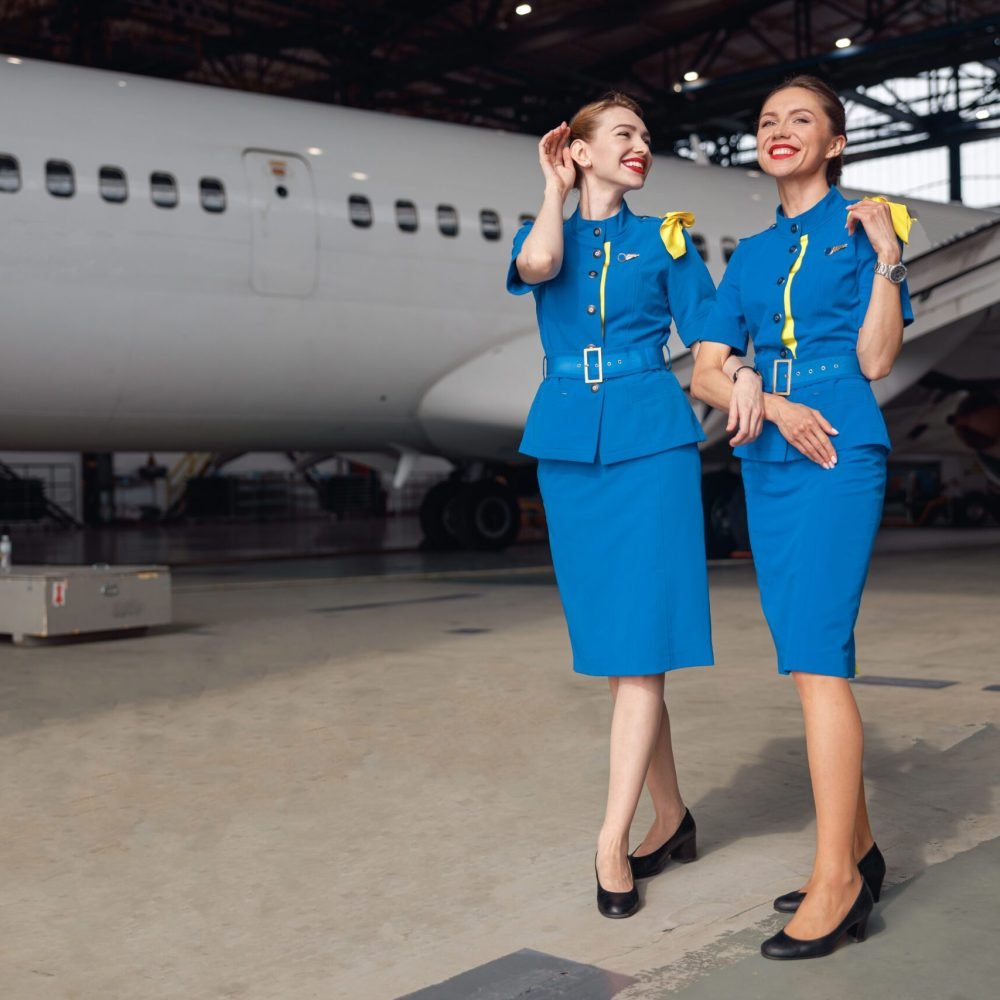 Full length shot of two air stewardesses in stylish blue uniform smiling, standing together in front of passenger aircraft in hangar at the airport. Occupation concept